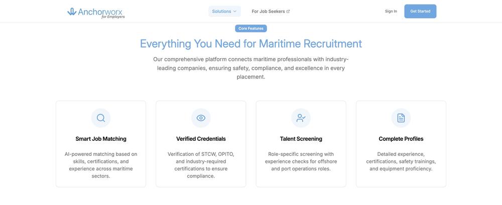 The Anchorworx employer features: job matching, verified credentials, screening and profiles