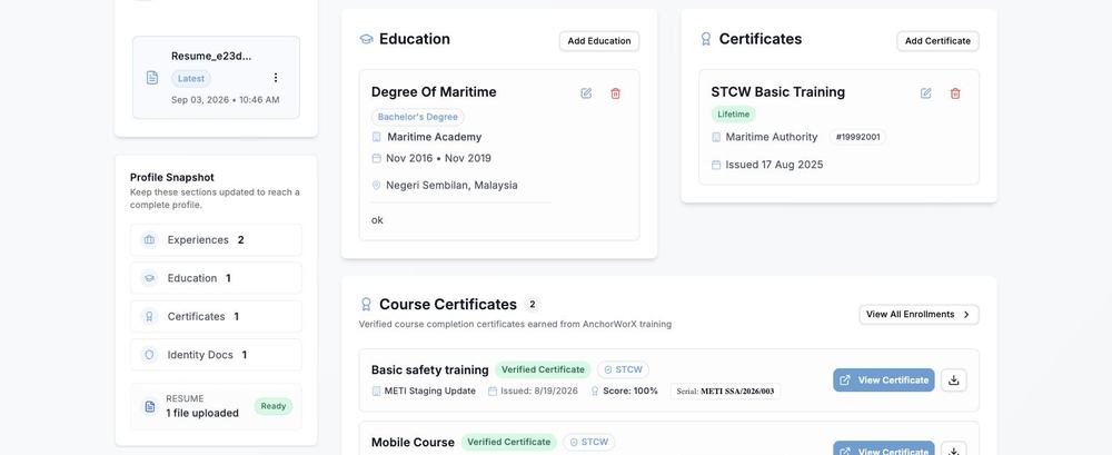 A crew profile inside Anchorworx, showing an STCW certificate and verified course certificates with issue dates and serial numbers